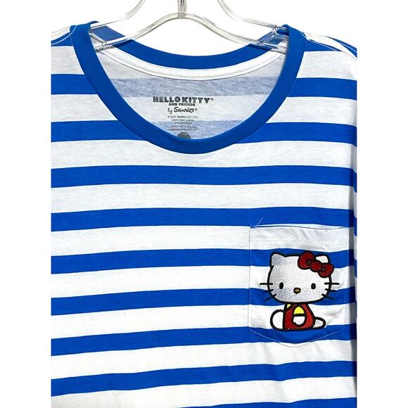 Hello Kitty Sanrio Embroidered Pocket Shirt Womens M Blue Striped Kidcore NWT - Picture 3 of 6